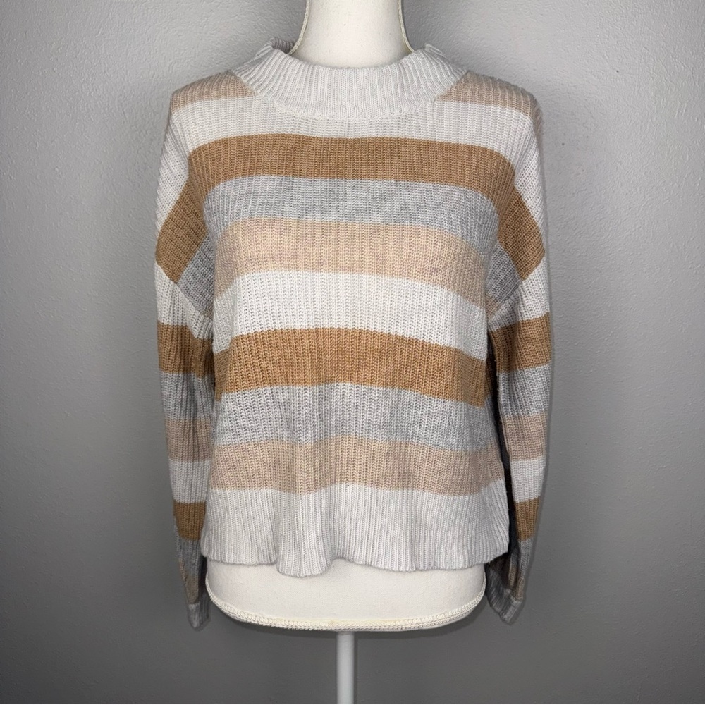 Cliche Women’s Small Beige Gray White Wool‎ Blend Sweater Stripes Mock Neck Cozy